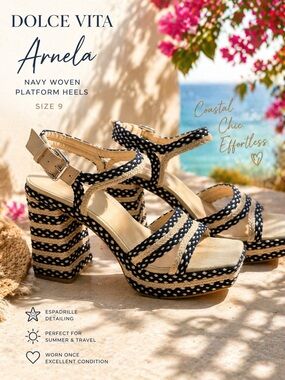 Dolce Vita Arnela Platform Heels 9 Navy Woven Espadrille Block Sandals Coastal